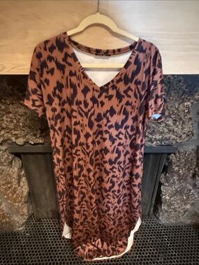 Brown and Black Printed V-Neck Short Sleeve Dress